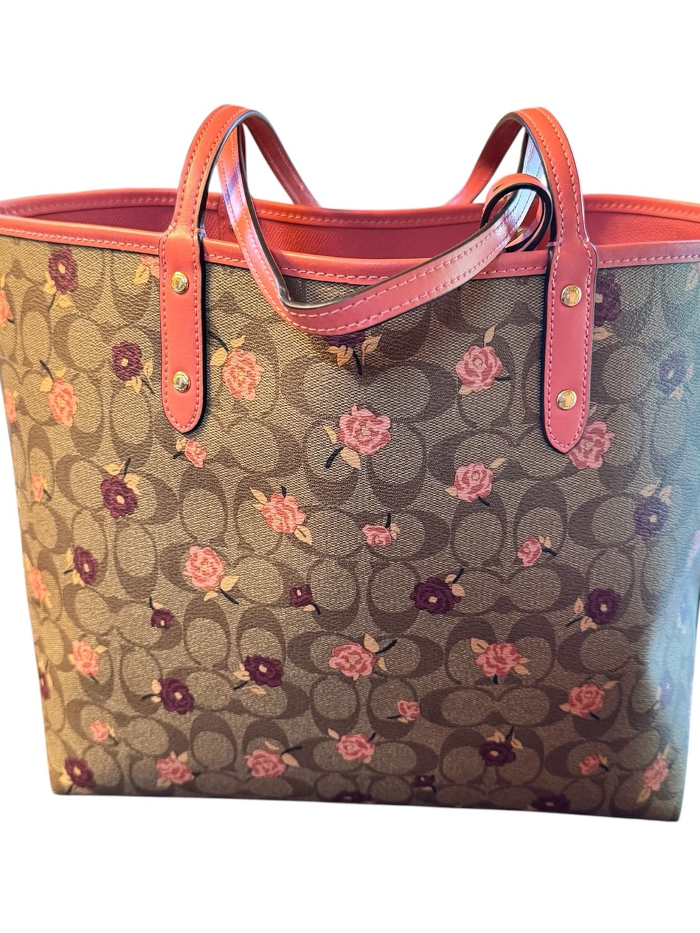 Coach Brown Signature Floral Tote with Pink Trim - Picture 5 of 15